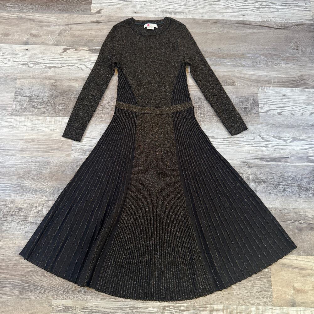 Boden Black Gold Metallic Knit Pleated Midi Dress Long Sleeve Holiday Party US 4